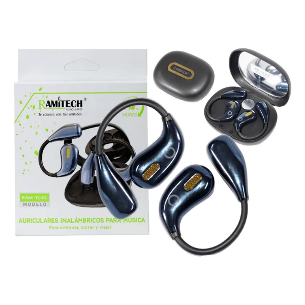 Audífonos Inalámbricos Conducción Ósea Bluetooth Gancho Negro RAM-YC45